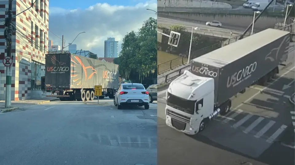 Carreta fica atravessada em via movimentada no centro de Brusque