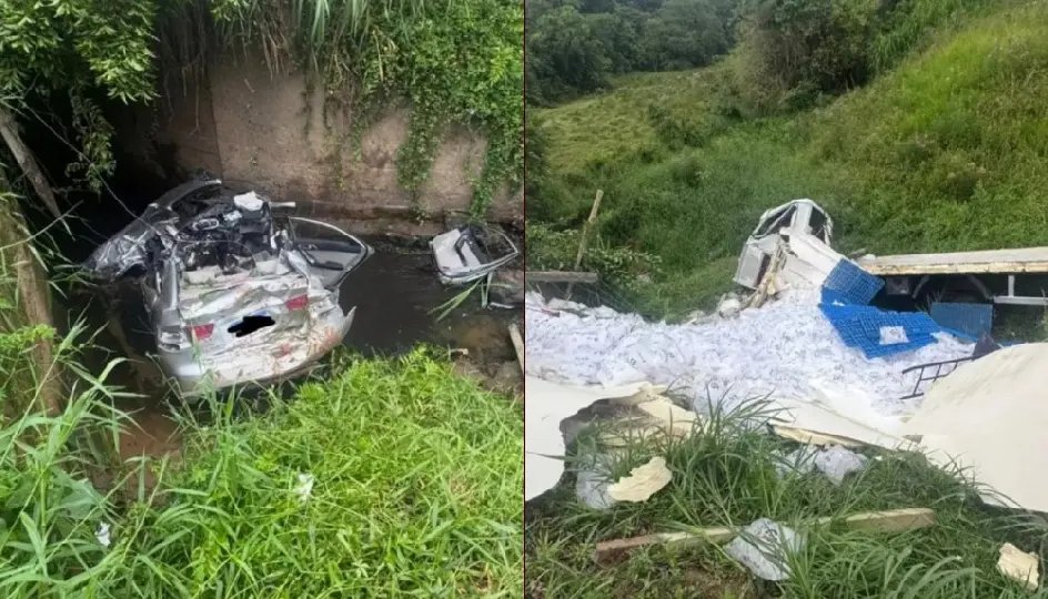 (VÍDEO) Acidente entre caminhão de gelo e carro deixa um morto em SC