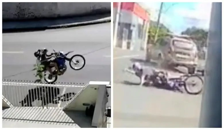 (VÍDEO) Motociclista empina moto, tenta fugir, mas acaba batendo em viatura da PM