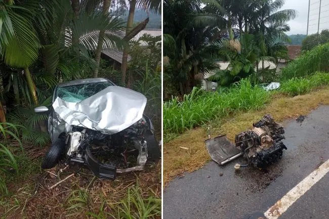 Colisão entre carro e caminhão arranca motor do veículo e deixa motorista ferido