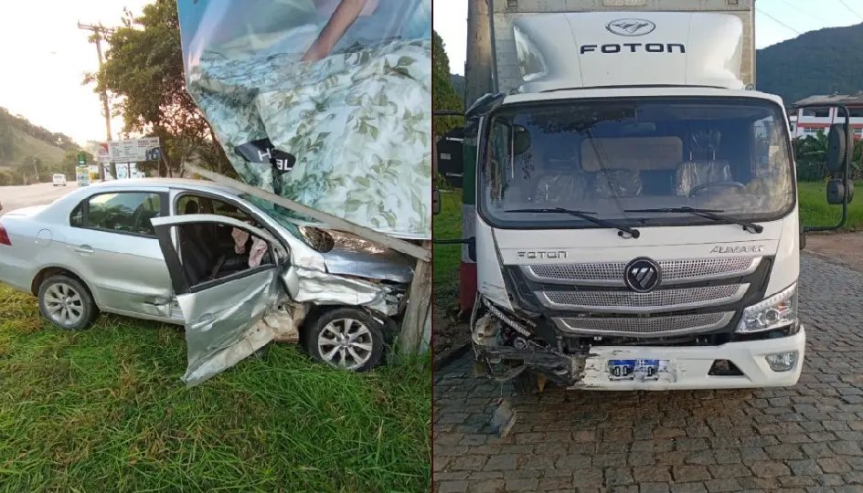 Duas idosas ficam feridas em colisão entre carro e caminhão