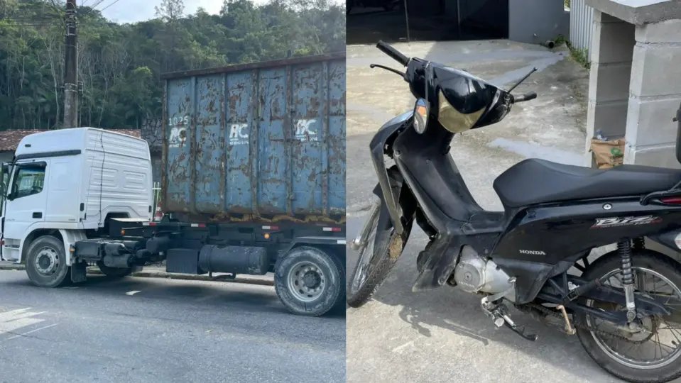 (VÍDEO) Caminhão de reciclagem e moto colidem e acidente deixa um ferido