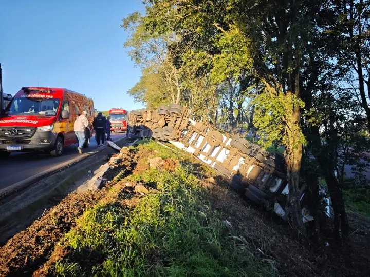 Caminhão sai da pista e acaba tombando na rodovia