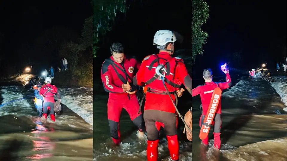 Homem fica preso em ponte submersa com trator e moto
