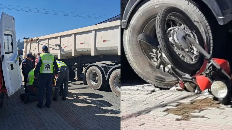 (VÍDEO) Moto fica presa no rodado da carreta e mulher sai quase ilesa