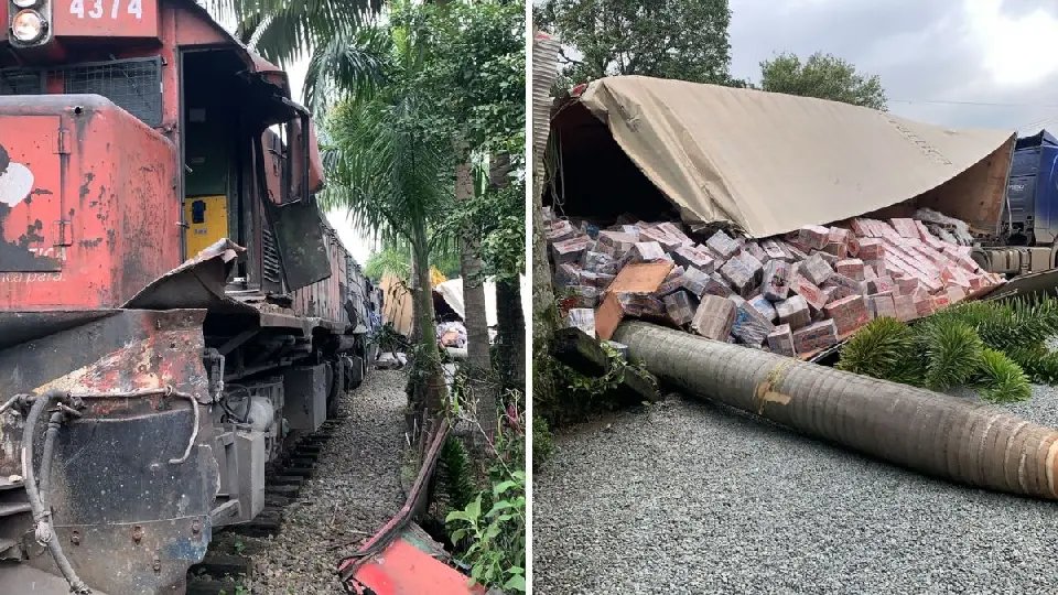 Caminhão invade ferrovia e é atingido por trem em SC
