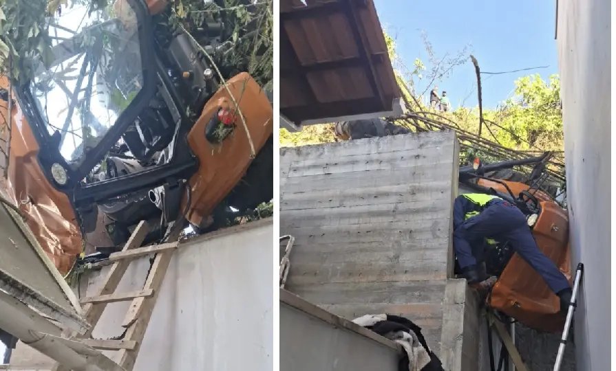 Mulher fica ferida após trator cair de barranco em Brusque