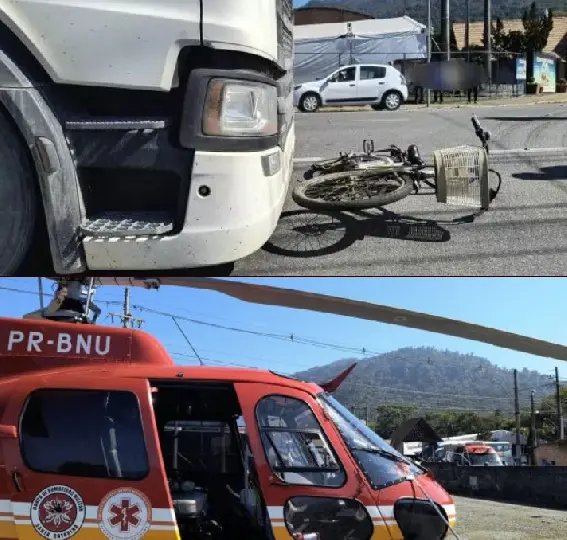Idosa é levada de helicóptero ao hospital após colisão entre bicicleta e carreta