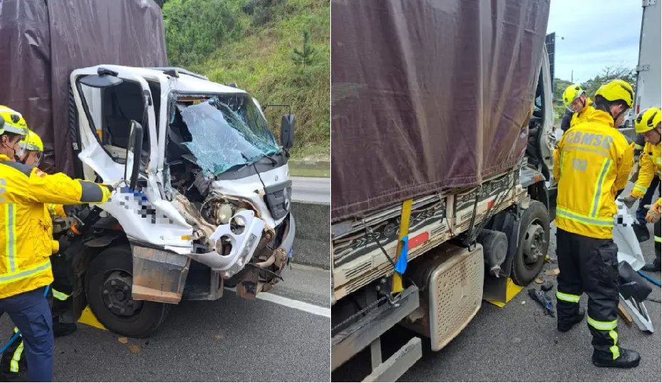 Passageiro fica preso às ferragens após colisão entre caminhões