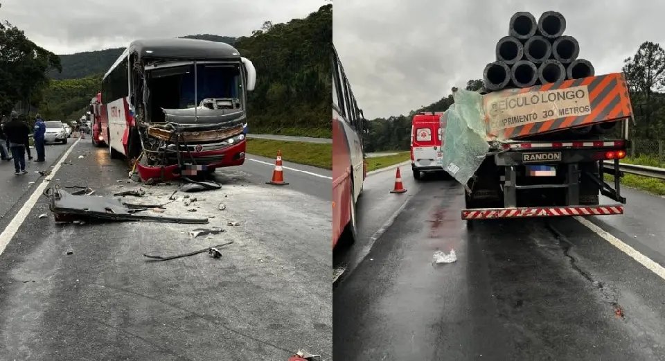 Seis pessoas ficam feridas após colisão entre ônibus e carreta na BR-470