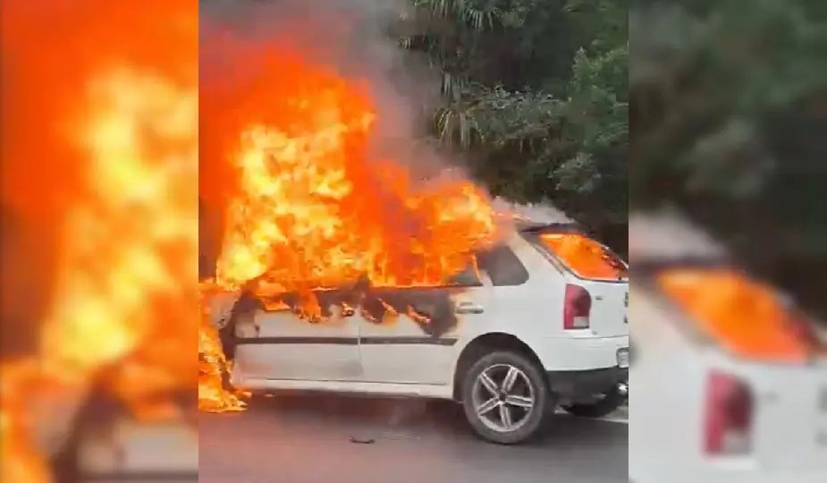 Veículo fica destruído após incêndio em avenida movimentada