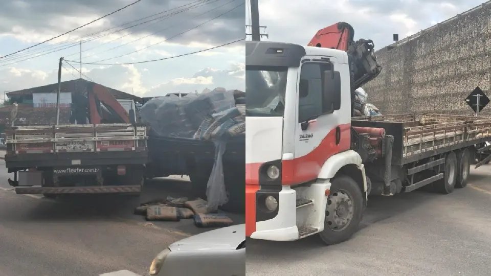 Caminhões batem em Brusque e carga de cimento se espalha na rodovia