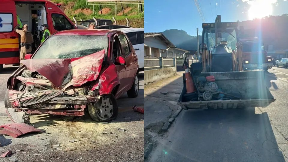 (VÍDEO) Celta tem frente destruída depois da colisão contra retroescavadeira