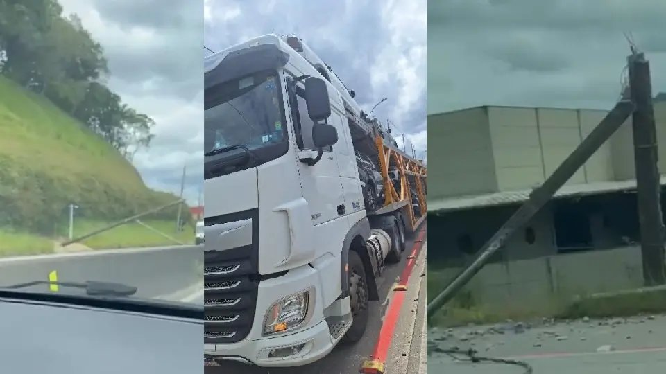 (VÍDEO) Fios baixos demais derrubam postes ao enroscar em caminhão