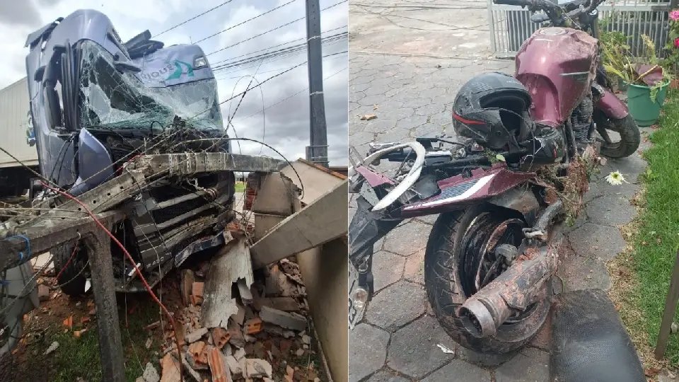 Mal súbito de motorista faz caminhão atravessar quintal e atingir muro
