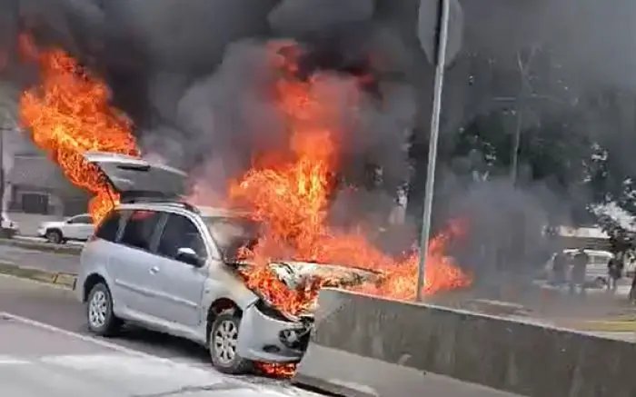 Veículo fica destruído após pegar fogo e mobiliza bombeiros