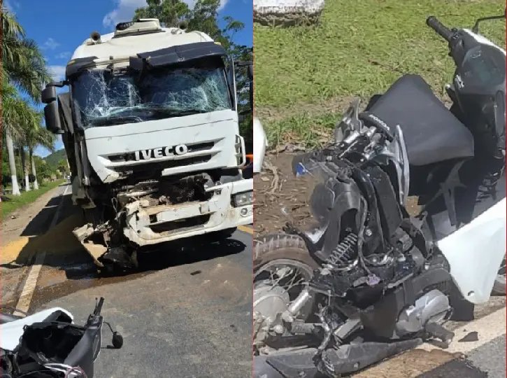 Mulher morre em colisão violenta entre moto e caminhões