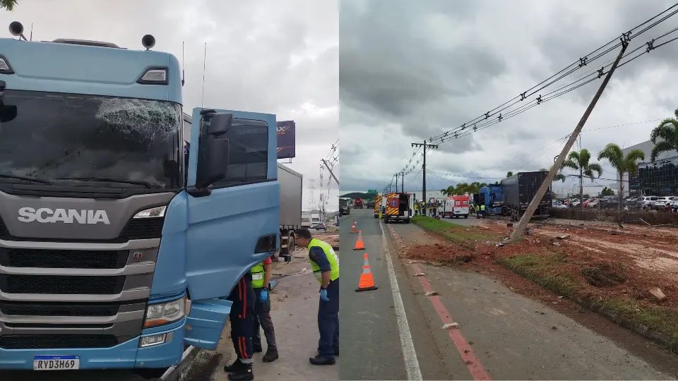 (VÍDEO) Caminhão sai da pista, derruba postes e atinge carros na Antônio Heil 