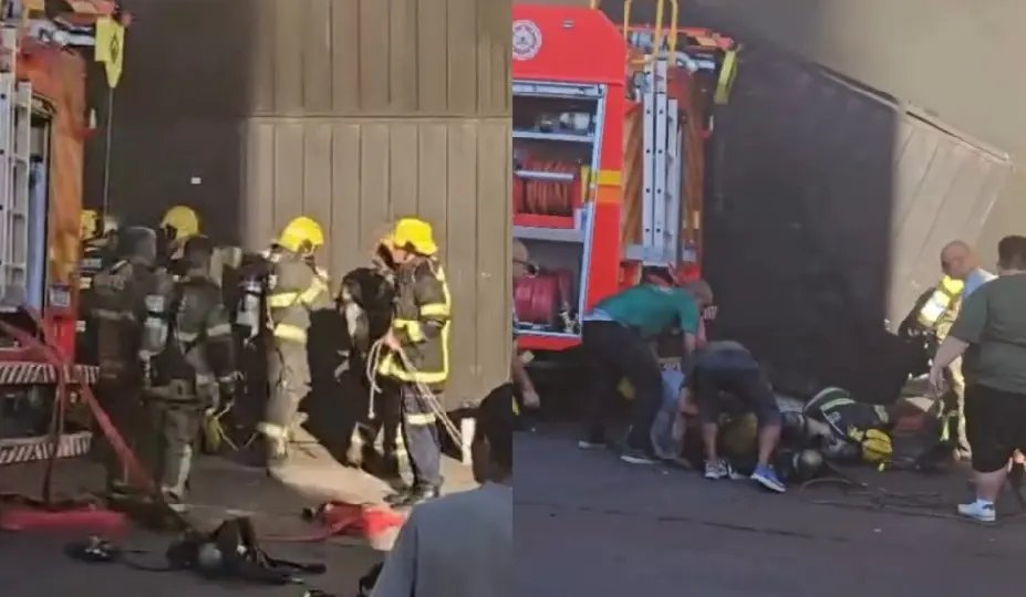 (VÍDEO) Explosão durante incêndio deixa bombeiros feridos