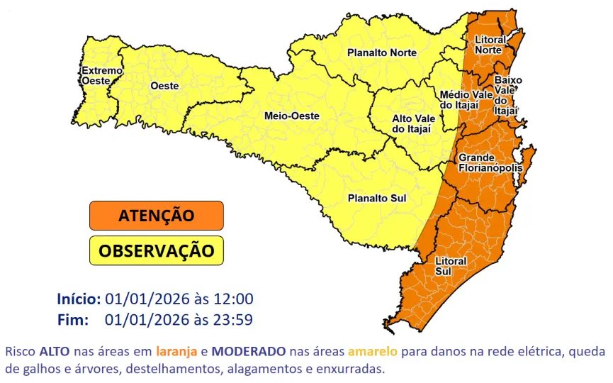 Santa Catarina inicia 2026 com previsão de temporais e chuva intensa