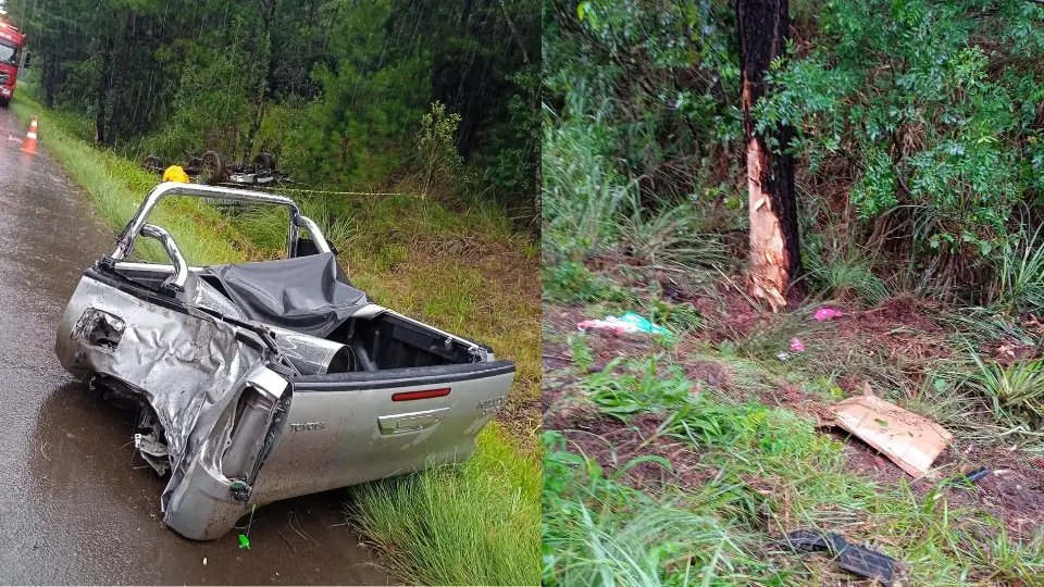 Colisão contra árvore termina com caminhonete destruída