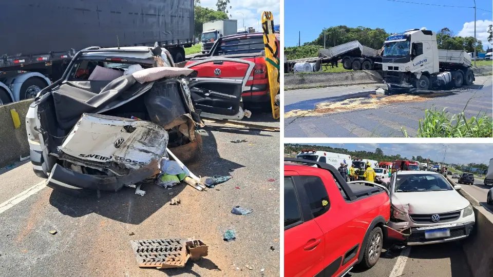 Carreta atinge quatro carros e bloqueia a BR-101