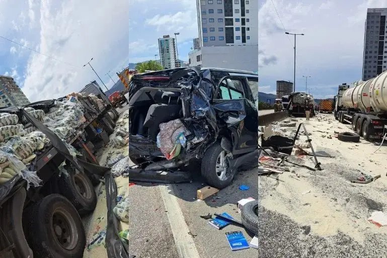 Batida envolvendo caminhões e carros deixa feridos na BR-101