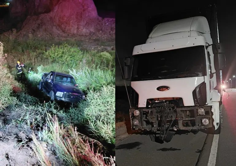 Caminhonete sai da pista após colisão com caminhão