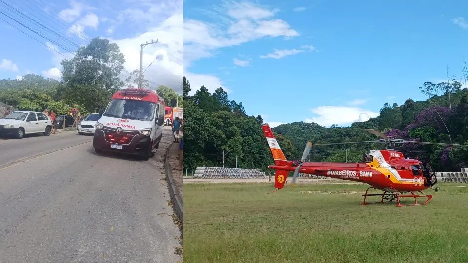 (VÍDEO) Helicóptero Arcanjo é acionado após colisão entre carro e moto