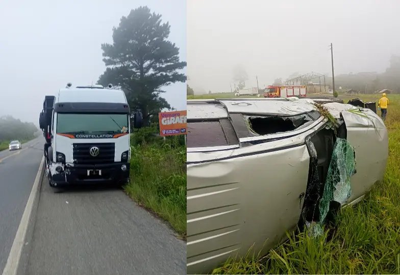 Carro é atingido por caminhão e capota na rodovia